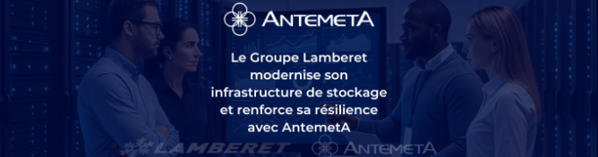 Experts IT supervisant une infrastructure de stockage moderne dans un data center souverain, illustrant la continuité d’activité, la cyber-résilience et les solutions AntemetA.